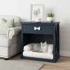 Vintage Small Storage Cabinet with Led Light and Pet Bed, Hidden Cat Litter Box with Drawer and Semi-Open Space