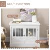 Wooden Dog Crate End Table, White, Triple Doors, Steel Tubes, for Small Dogs